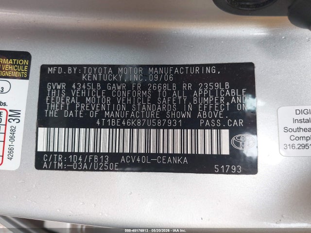 Aukcja sprzedaży 2007 Toyota Camry Le, vin: 4T1BE46K87U587931, numer aukcji: 45176913