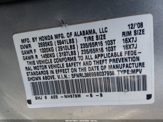 2009 Honda Odyssey Ex-l მანქანა იყიდება აუქციონზე, vin: 5FNRL38699B037958, აუქციონის ნომერი: 45176916