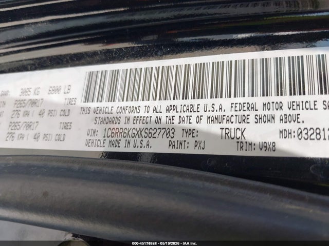 45176924 :رقم المزاد ، 1C6RR6KGXKS627703 vin ، 2019 Ram 1500 Classic Tradesman  4x2 5'7 Box مزاد بيع