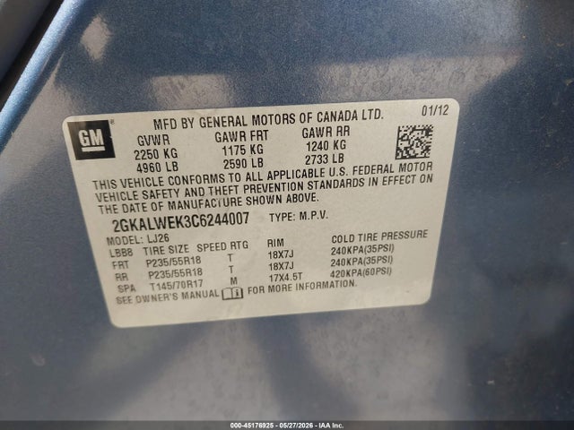 45176925 :رقم المزاد ، 2GKALWEK3C6244007 vin ، 2012 Gmc Terrain Slt-2 مزاد بيع