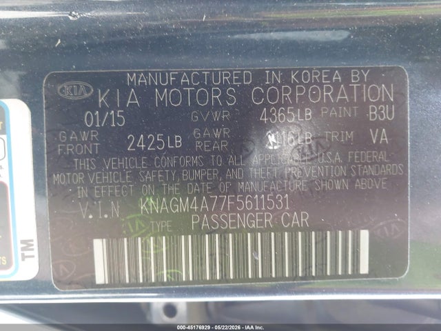 2015 Kia Optima Lx მანქანა იყიდება აუქციონზე, vin: KNAGM4A77F5611531, აუქციონის ნომერი: 45176929