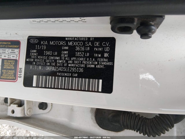 2020 Kia Rio 5-door S მანქანა იყიდება აუქციონზე, vin: 3KPA25AD5LE295136, აუქციონის ნომერი: 45176941
