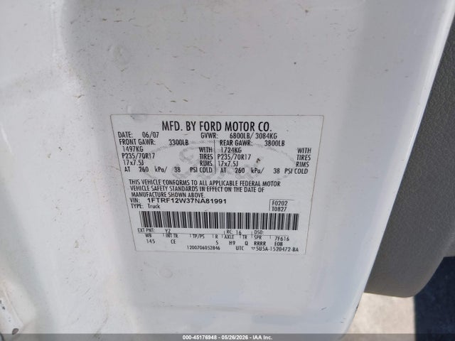 Продажа на аукционе авто 2007 Ford F-150 Stx/xl/xlt, vin: 1FTRF12W37NA81991, номер лота: 45176948
