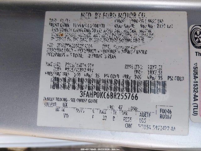 Продаж на аукціоні авто 2011 Ford Fusion Sport, vin: 3FAHP0KC6BR255766, номер лоту: 45176949
