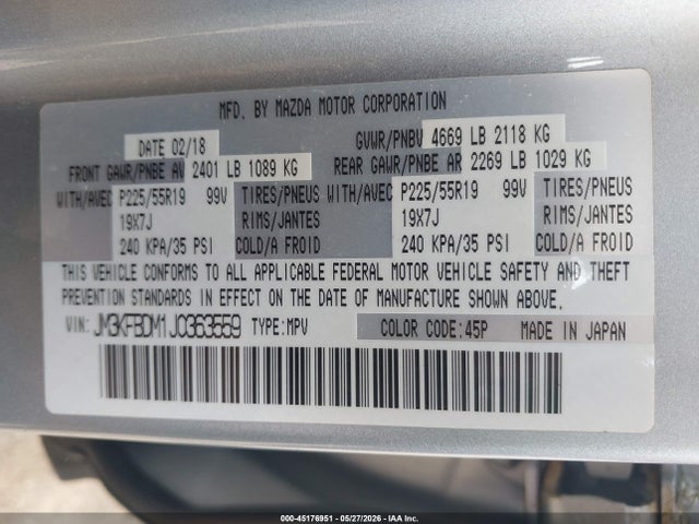 Продажа на аукционе авто 2018 Mazda Cx-5 Grand Touring, vin: JM3KFBDM1J0363559, номер лота: 45176951