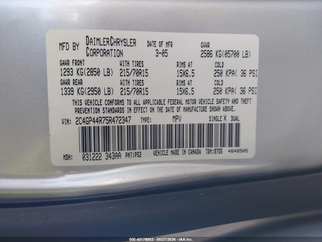 Продажа на аукционе авто 2005 Chrysler Town & Country Lx, vin: 2C4GP44R75R472347, номер лота: 45176953