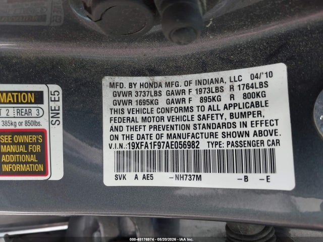 Продажа на аукционе авто 2010 Honda Civic Ex-l, vin: 19XFA1F97AE056982, номер лота: 45176974