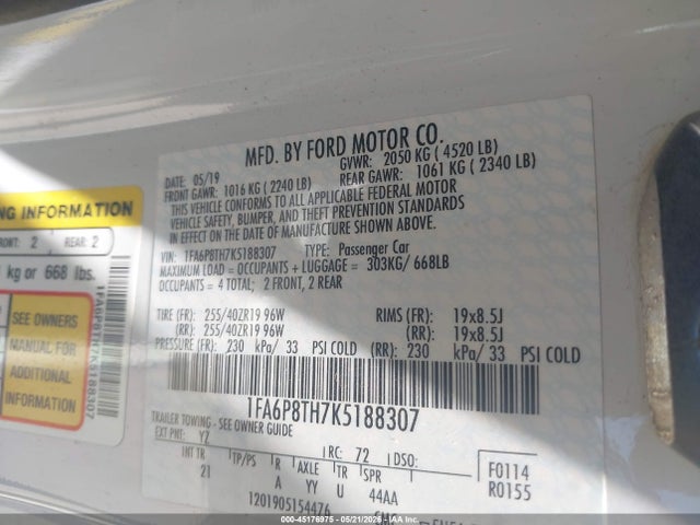 Продажа на аукционе авто 2019 Ford Mustang Ecoboost, vin: 1FA6P8TH7K5188307, номер лота: 45176975