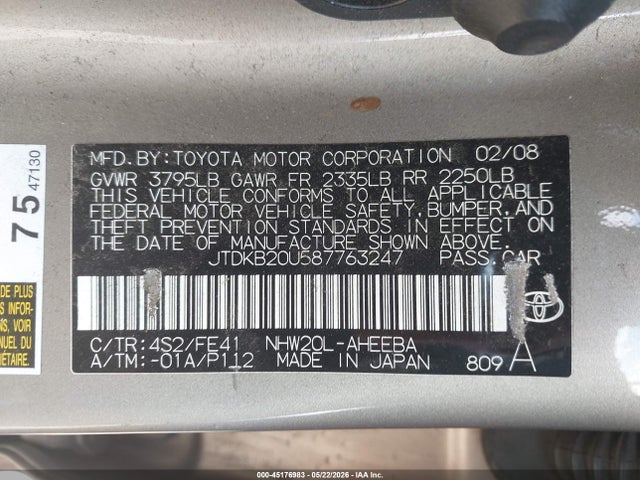 Aukcja sprzedaży 2008 Toyota Prius, vin: JTDKB20U587763247, numer aukcji: 45176983