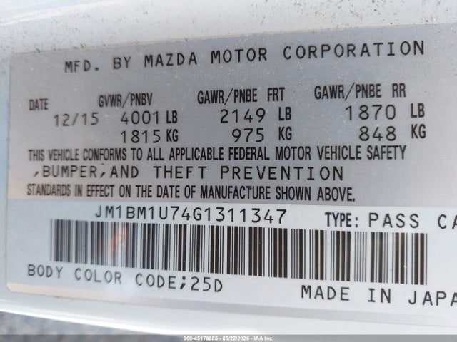 JM1BM1U74G1311347 Mazda Mazda3 I Sport