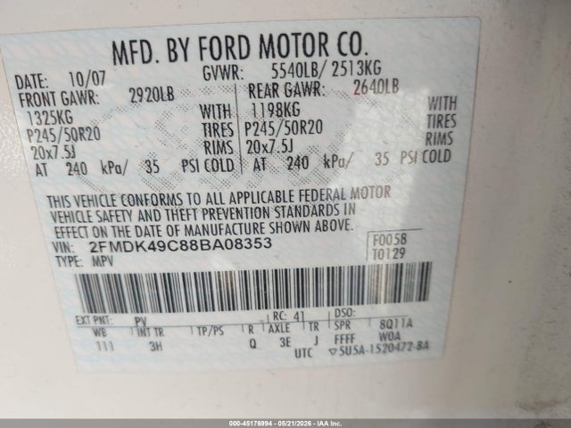 Продажа на аукционе авто 2008 Ford Edge Limited, vin: 2FMDK49C88BA08353, номер лота: 45176994