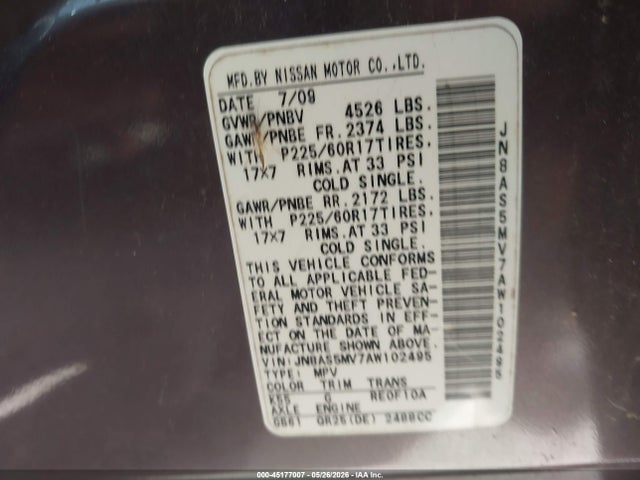45177007 :رقم المزاد ، JN8AS5MV7AW102495 vin ، 2010 Nissan Rogue Sl مزاد بيع