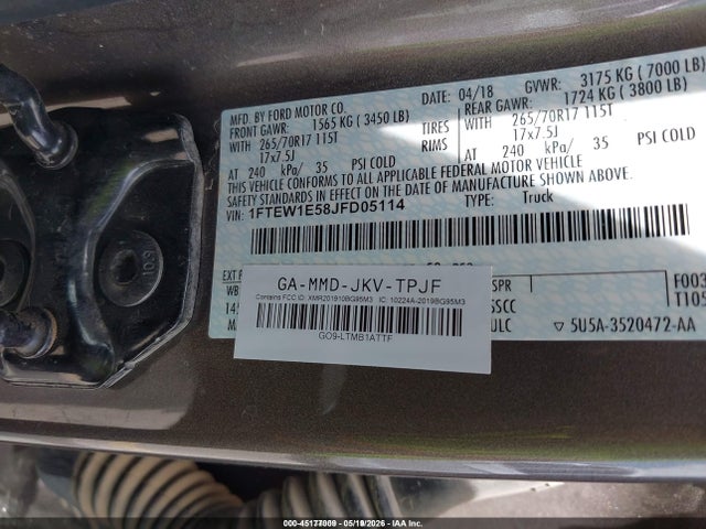 Auction sale of the 2018 Ford F-150 Xl, vin: 1FTEW1E58JFD05114, lot number: 45177009