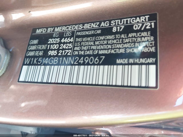Продажа на аукционе авто 2022 Mercedes-benz Cla 250 Coupe, vin: W1K5J4GB1NN249067, номер лота: 45177011