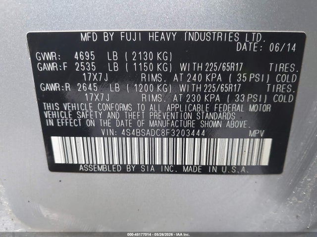 2015 Subaru Outback 2.5i Premium მანქანა იყიდება აუქციონზე, vin: 4S4BSADC8F3203444, აუქციონის ნომერი: 45177014