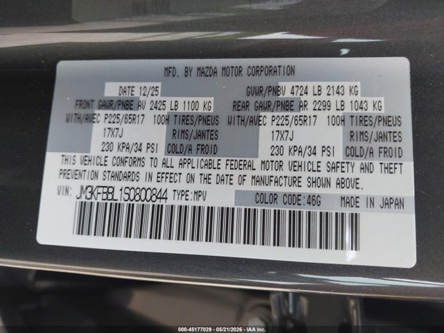 45177029 :رقم المزاد ، JM3KFBBL1S0800844 vin ، 2025 Mazda Cx-5 2.5 S Select مزاد بيع