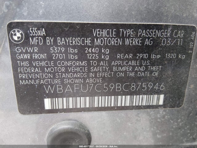 Продаж на аукціоні авто 2011 Bmw 535i Xdrive, vin: WBAFU7C59BC875946, номер лоту: 45177037