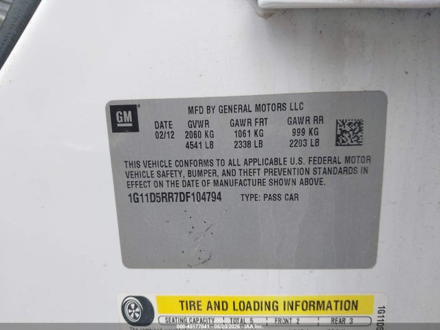 Aukcja sprzedaży 2013 Chevrolet Malibu Eco, vin: 1G11D5RR7DF104794, numer aukcji: 45177041