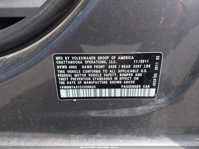 45177050 :رقم المزاد ، 1VWBN7A31CC025520 vin ، 2012 Volkswagen Passat 2.0l Tdi Se مزاد بيع