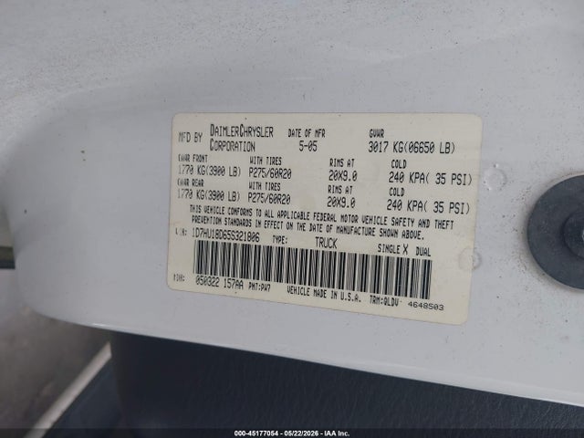 Auction sale of the 2005 Dodge Ram 1500 Slt/laramie, vin: 1D7HU18D65S321806, lot number: 45177054