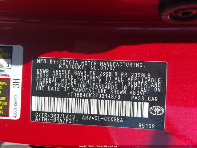 2007 Toyota Camry Hybrid მანქანა იყიდება აუქციონზე, vin: 4T1BB46K37U014878, აუქციონის ნომერი: 45177057