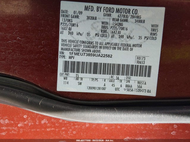Продаж на аукціоні авто 2009 Ford Explorer Xlt, vin: 1FMEU73859UA22582, номер лоту: 45177058