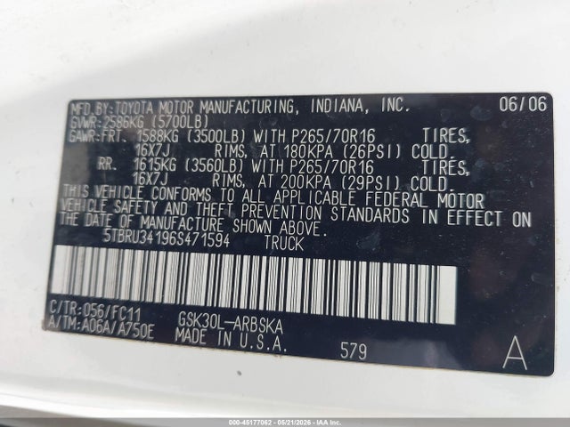 45177062 :رقم المزاد ، 5TBRU34196S471594 vin ، 2006 Toyota Tundra Sr5 مزاد بيع