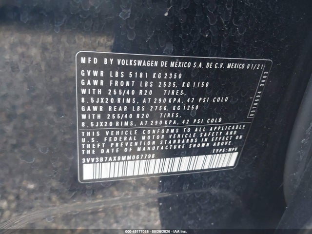 45177066 :رقم المزاد ، 3VV3B7AX8MM067798 vin ، 2021 Volkswagen Tiguan 2.0t Se/2.0t Se R-line Black/2.0t Sel مزاد بيع