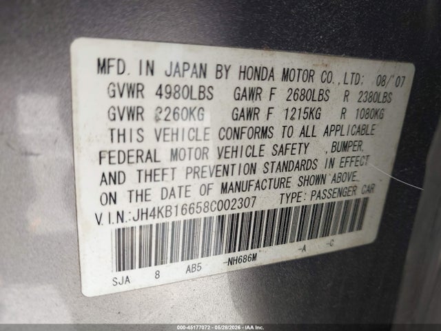 Продаж на аукціоні авто 2008 Acura Rl, vin: JH4KB16658C002307, номер лоту: 45177072
