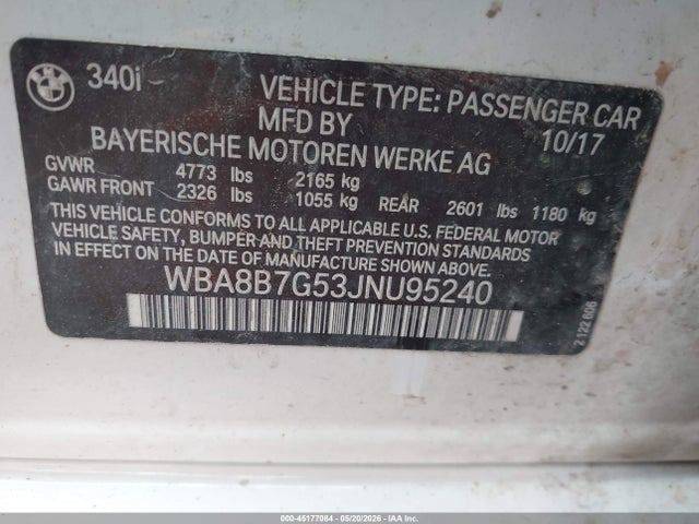 45177084 :رقم المزاد ، WBA8B7G53JNU95240 vin ، 2018 Bmw 340i Xdrive مزاد بيع