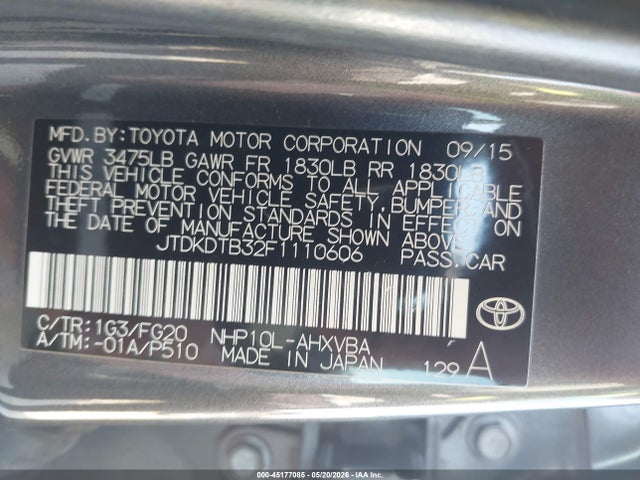 45177085 :رقم المزاد ، JTDKDTB32F1110606 vin ، 2015 Toyota Prius C Two مزاد بيع