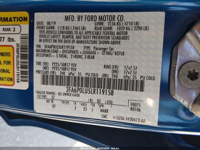 Ford Fusion Hybrid Se 2020 3FA6P0LU5LR119158 Image 9