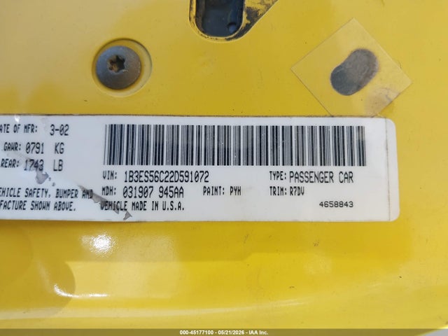 45177100 :رقم المزاد ، 1B3ES56C22D591072 vin ، 2002 Dodge Neon Sxt مزاد بيع
