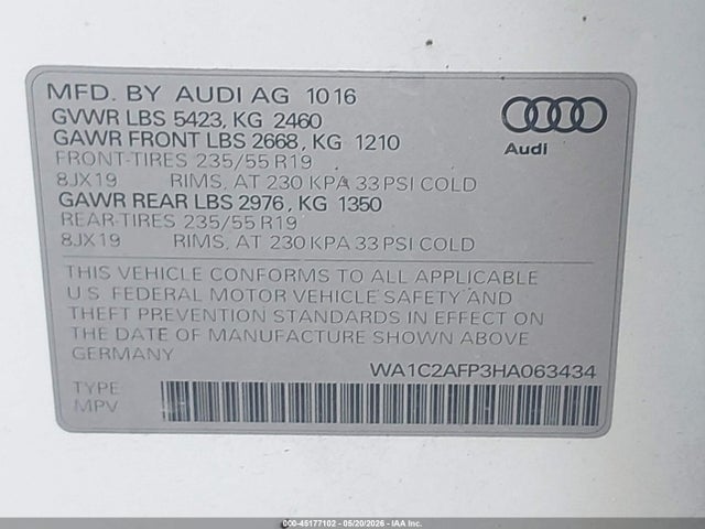 Aukcja sprzedaży 2017 Audi Q5 2.0t Premium, vin: WA1C2AFP3HA063434, numer aukcji: 45177102