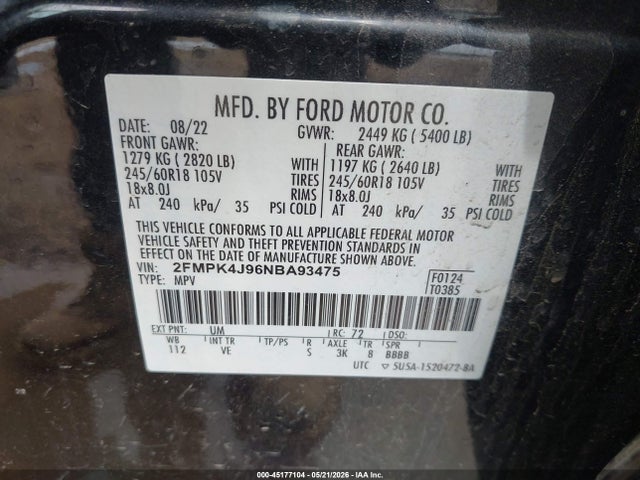 Aukcja sprzedaży 2022 Ford Edge Sel, vin: 2FMPK4J96NBA93475, numer aukcji: 45177104