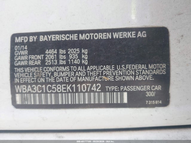 45177105 :رقم المزاد ، WBA3C1C58EK110742 vin ، 2014 Bmw 328i مزاد بيع