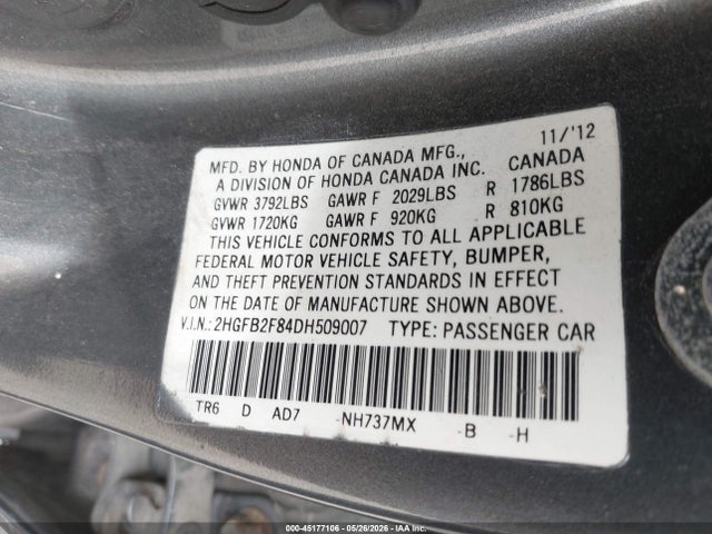 Aukcja sprzedaży 2013 Honda Civic Ex, vin: 2HGFB2F84DH509007, numer aukcji: 45177106