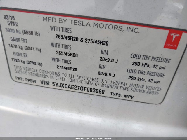 Tesla Model X 60d/70d/75d/90d 2016 5YJXCAE27GF003060 Image 9