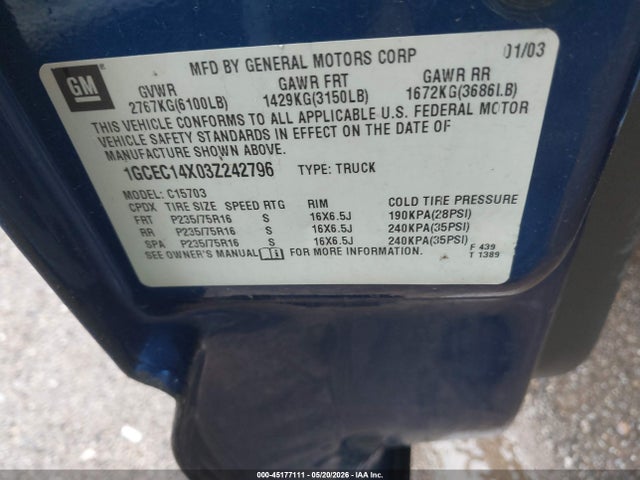 2003 Chevrolet Silverado 1500 მანქანა იყიდება აუქციონზე, vin: 1GCEC14X03Z242796, აუქციონის ნომერი: 45177111
