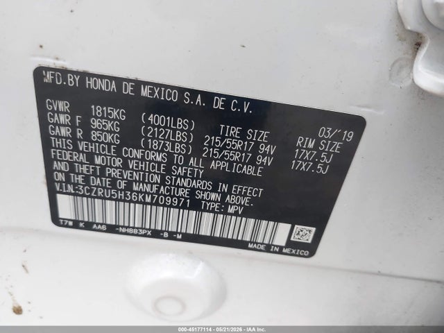 2019 Honda Hr-v Lx მანქანა იყიდება აუქციონზე, vin: 3CZRU5H36KM709971, აუქციონის ნომერი: 45177114