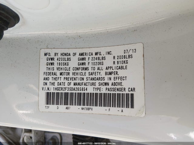 Aukcja sprzedaży 2013 Honda Accord Lx, vin: 1HGCR2F35DA265854, numer aukcji: 45177122