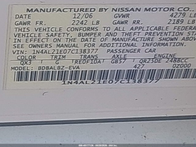 Продажа на аукционе авто 2007 Nissan Altima 2.5 S, vin: 1N4AL21E07C138377, номер лота: 45177126