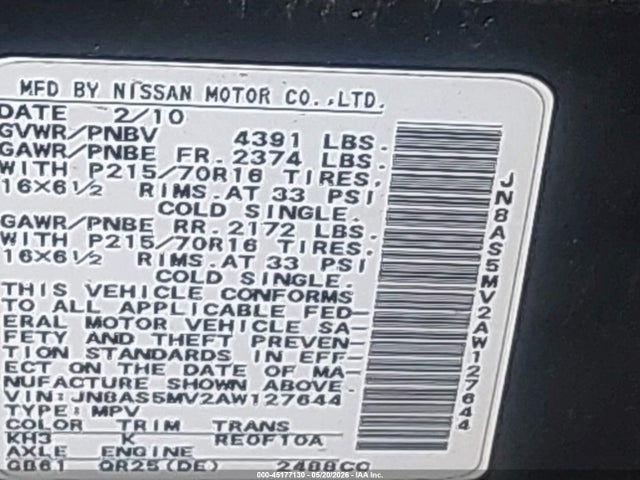 Aukcja sprzedaży 2010 Nissan Rogue S, vin: JN8AS5MV2AW127644, numer aukcji: 45177130