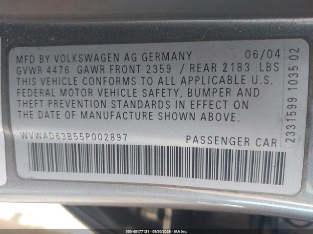 Aukcja sprzedaży 2005 Volkswagen Passat Gls 1.8t, vin: WVWAD63B55P002897, numer aukcji: 45177131