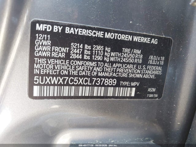 Продаж на аукціоні авто 2012 Bmw X3 Xdrive35i, vin: 5UXWX7C5XCL737889, номер лоту: 45177135
