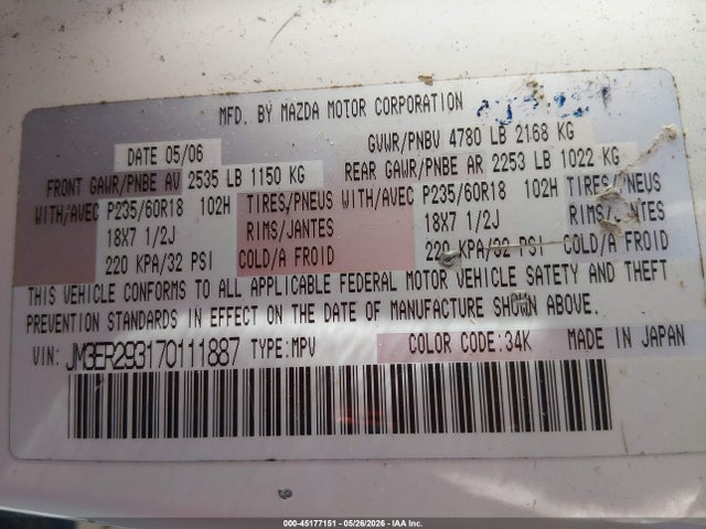 Aukcja sprzedaży 2007 Mazda Cx-7 Sport, vin: JM3ER293170111887, numer aukcji: 45177151