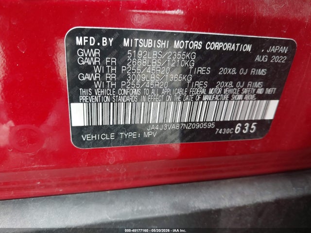 2022 Mitsubishi Outlander Sel 2.5 2wd/sel Special Edition 2wd მანქანა იყიდება აუქციონზე, vin: JA4J3VA87NZ090595, აუქციონის ნომერი: 45177160