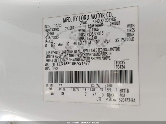 45177161 :رقم المزاد ، 1FTZR15E16PA21477 vin ، 2006 Ford Ranger Fx4 Off-road/sport/xl/xlt مزاد بيع