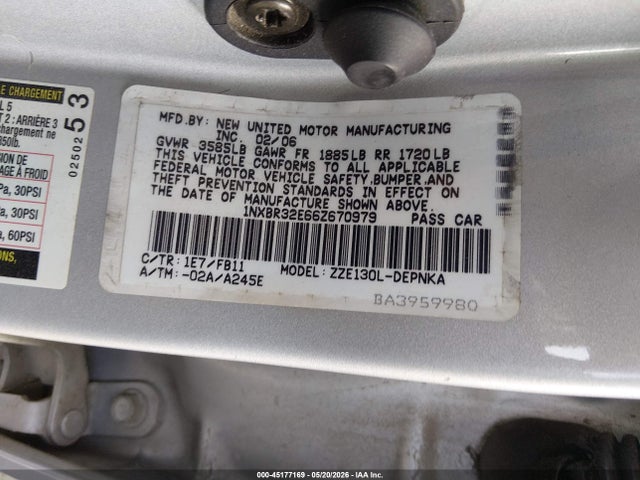 45177169 :رقم المزاد ، 1NXBR32E66Z670979 vin ، 2006 Toyota Corolla Le مزاد بيع