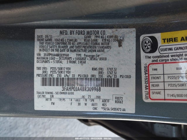 45177172 :رقم المزاد ، 3FAHP0JA4BR309968 vin ، 2011 Ford Fusion Sel مزاد بيع